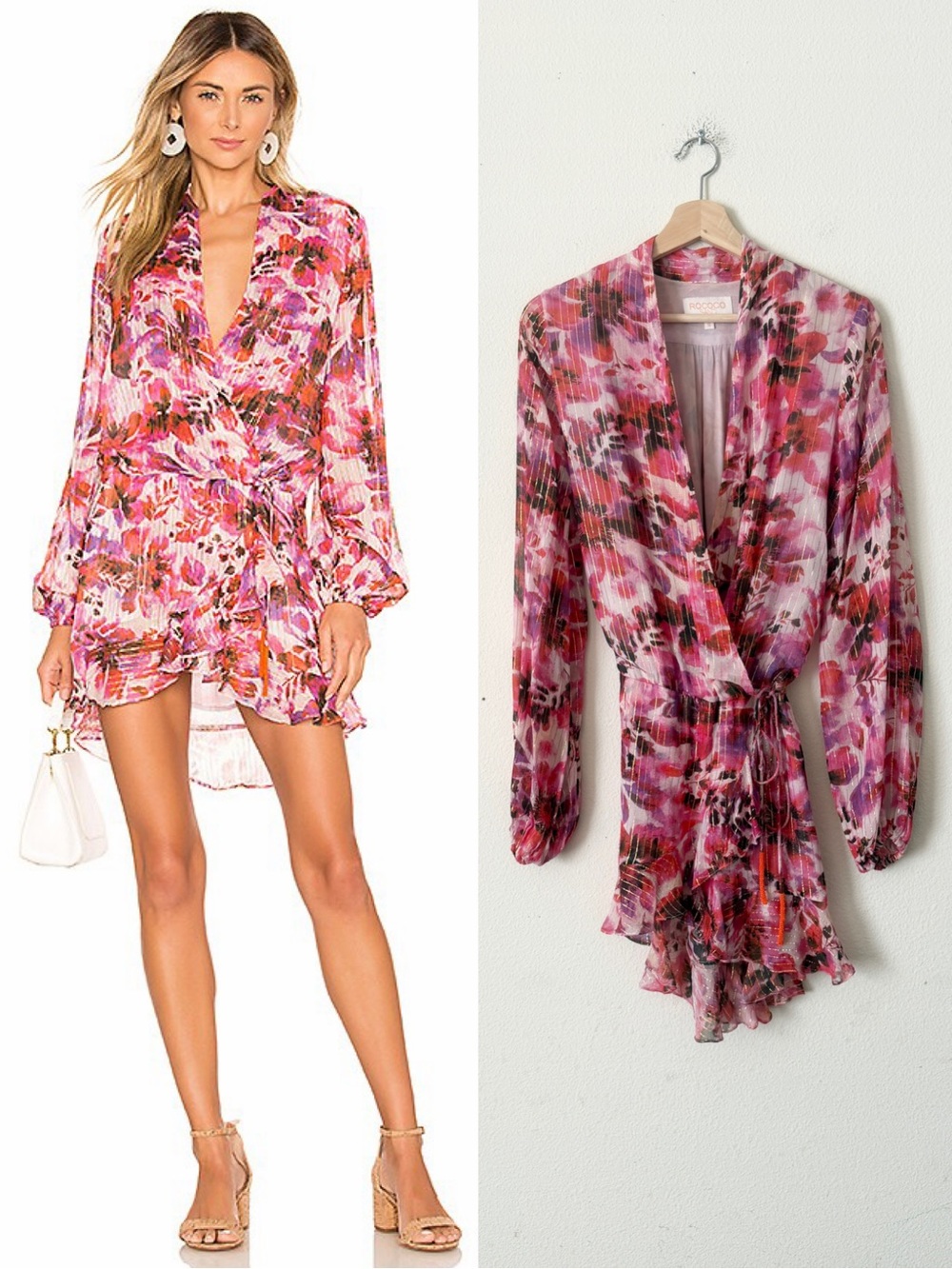 Rococo Sand SMALL Lyra long sleeve Vneck pink floral mini dress